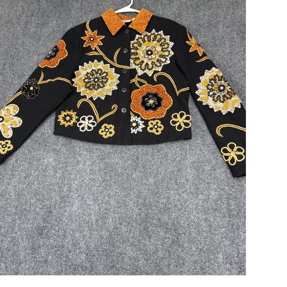 Anage Floral Embroidered Jacket Womens Medium Black Orange Art To Wear Cotton